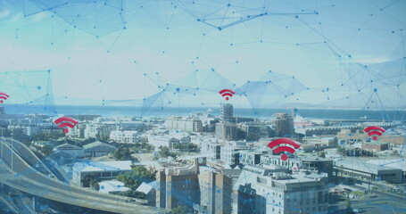 Image of 6g text, wifi icons, data processing and globe spinning on screen over cityscape