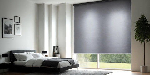 Gray blackout roller blind on windows in stylish modern badroom. Shutters on the plastic window.