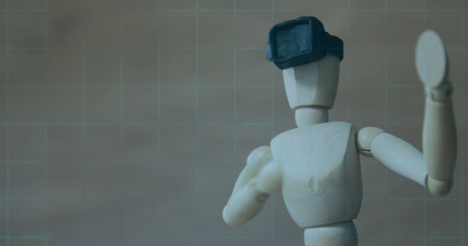 Image of 6g text, scope scanning and data processing over wooden mannequin wearing vr headset