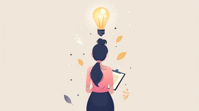 Problem solving concept featuring a back view of a woman standing with a bright, illuminated light bulb symbolizing a great idea or solution appearing above her head.