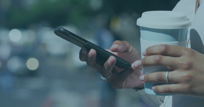 Image of 6g text, scope scanning and data processing over woman using smartphone in city