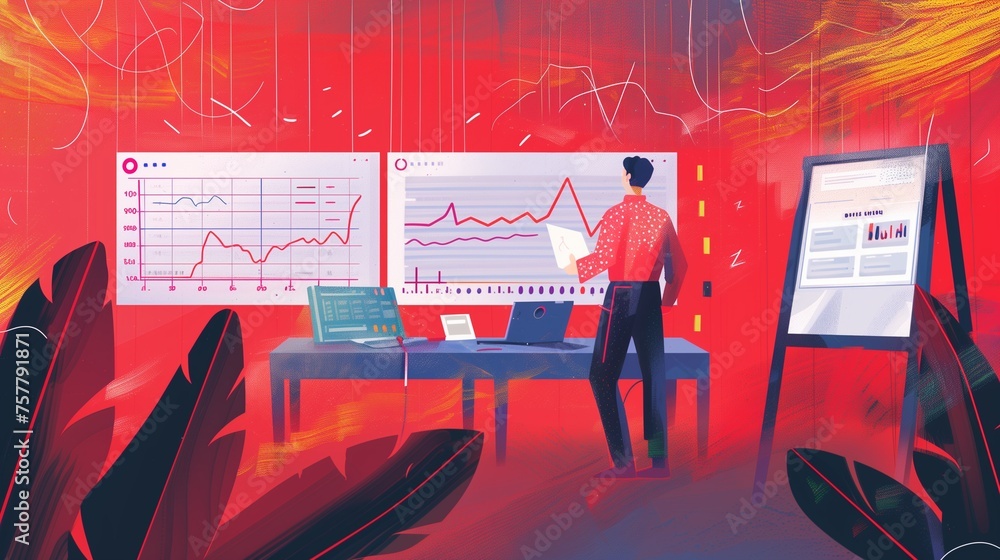 Poster concept of decision support systems, featuring a figure standing thoughtfully behind sheets filled w