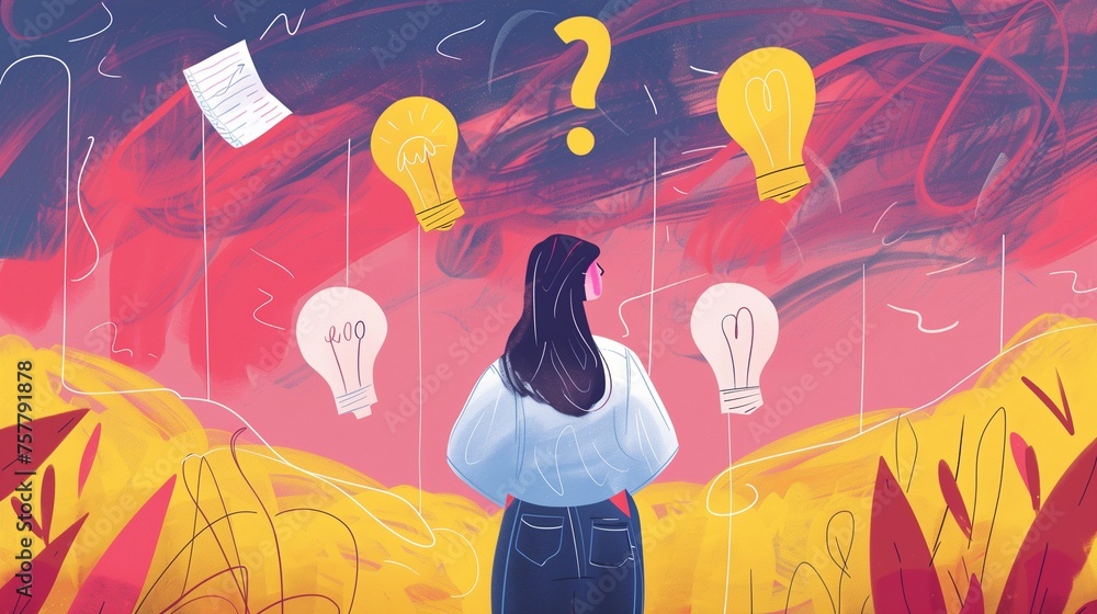 Poster an abstract illustration featuring a thoughtful female figure surrounded by glowing light bulbs and 