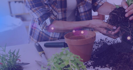 Image of blue lights over caucasian woman working in the garden