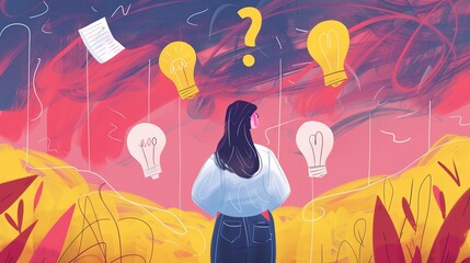 An abstract illustration featuring a thoughtful female figure surrounded by glowing light bulbs and floating question marks, symbolizing the process of problem solving and idea generation.