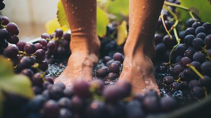 close-up of person’s bare feet crushing ripe grapes captures the essence of traditional wine-making - obrazy, fototapety, plakaty