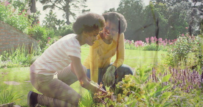 Composite image of green grass against african american mother and daughter gardening in the garden