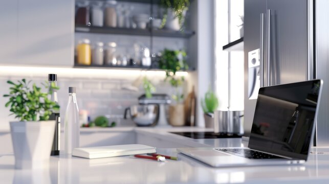 Modern Kitchen Workstation, high-definition image capturing a contemporary kitchen space with a laptop and notebook on a clean white countertop, symbolizing work-from-home flexibility