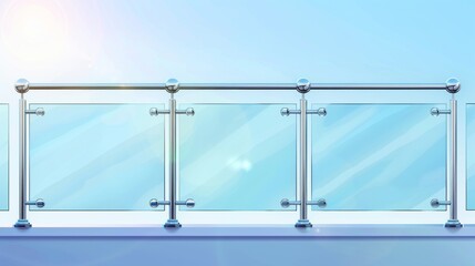 Horizontal transparent acrylic handrail for terrace guardrail and fence. Realistic modern illustration set of horizontal glass banisters with plexiglass panels and metal tubular beams. - obrazy, fototapety, plakaty