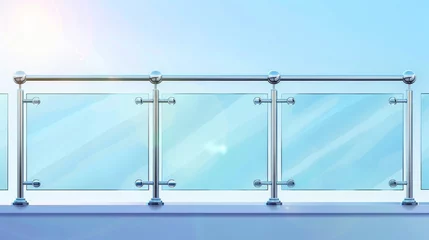 Poster Horizontal transparent acrylic handrail for terrace guardrail and fence. Realistic modern illustration set of horizontal glass banisters with plexiglass panels and metal tubular beams. © Mark