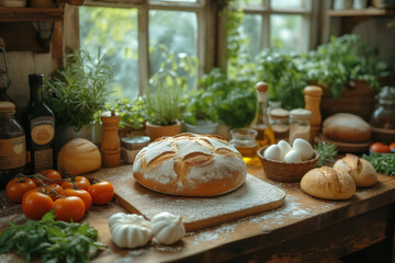 Obraz na płótnie Canvas homemade fresh and big loaf of bread and ingredients in cozy rustic kitchen. food composition
