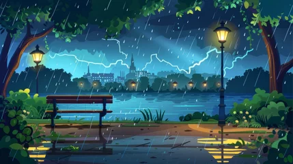 Fototapeten An urban scene with pathways, benches, lanterns and trees on the shores of rivers and lakes under rain and lightning. Cartoon modern landscape with public gardens on an embankment street. © Mark