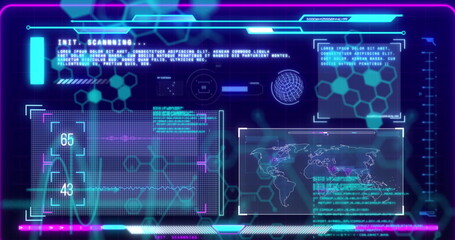 Image of chemical formula over data processing on black background