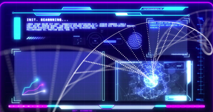 Image of dna strand over data processing on black background