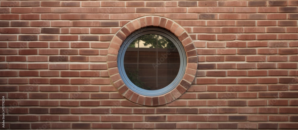 Poster a rectangular brick wall features a symmetrical round window in the middle. the circular fixture con