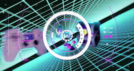 Image of scope scanning and gaming icons over squares