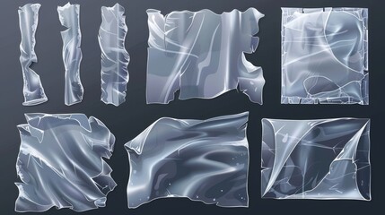 Packaging film full of wrinkles and folds with a torn square vinyl wrap with overlay effect. Realistic modern illustration set of cellophane seal wrappers.