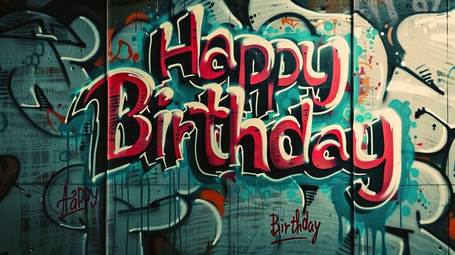 "Happy Birthday" written in bold, graffiti-style lettering against an urban concrete wall backdrop, infusing the scene with a cool and edgy vibe for a modern birthday celebration.