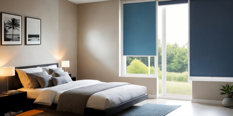 Fototapeta na wymiar Blue blackout roller blind on windows in stylish modern badroom. Shutters on the plastic window.
