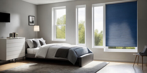 Blue blackout roller blind on windows in stylish modern badroom. Shutters on the plastic window.
