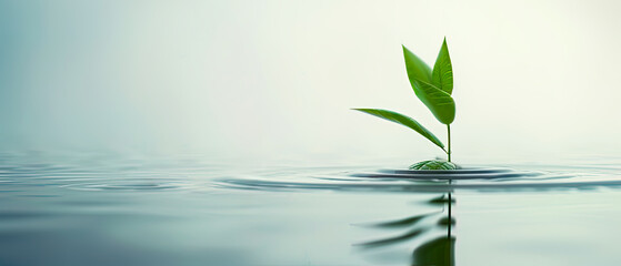 A small green plant is floating in a body of water, tranquility and peacefulness - obrazy, fototapety, plakaty