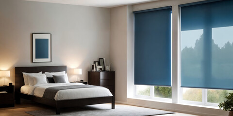 Fototapeta na wymiar Blue blackout roller blind on windows in stylish modern badroom. Shutters on the plastic window.