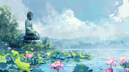 Tranquil Buddha: Serene Watercolor Landscape with Lotus Flowers