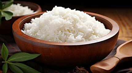 Rice jasmine rice put in a wooden bowl. ..