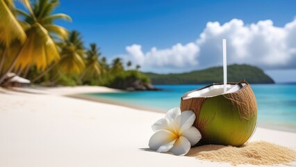 Tropical fresh coconut cocktail with straw on white beach with blue ocean and palm trees on the background, tropical,Holiday,resort concept
