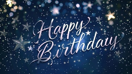 "Happy Birthday" written in elegant cursive font against a solid background of midnight blue, with shimmering silver stars adding a touch of magic.