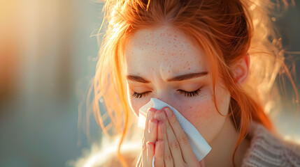 Redhead woman with allergy or sneezing. - obrazy, fototapety, plakaty