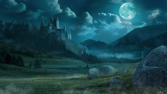 fantasy background with anime cartoon style illustration. castle on the hill at night composite fantasy landscape. seamless looping overlay 4k virtual video animation background