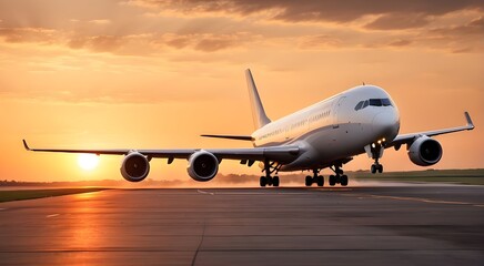 Fototapeta na wymiar A large jetliner taking off from an airport runway at sunset or dawn with the landing gear down and the landing gear down, as the plane is about to take