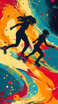 Dynamic Rollerblading Duo in Abstract Art