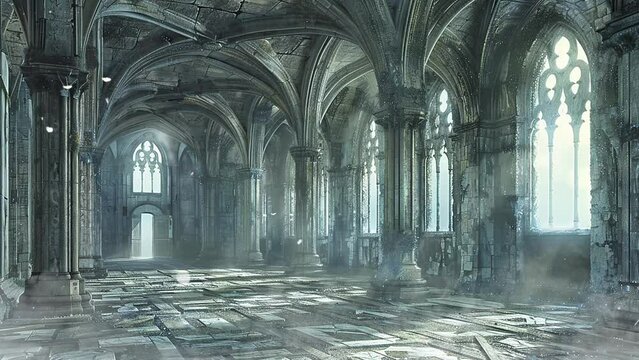 empty abandoned hall of castle fantasy background. seamless looping overlay 4k virtual video animation background