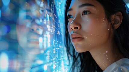 Pacific Islander and Future Tech, Pacific Islander woman gazes thoughtfully, her face illuminated by the glow of futuristic digital code streams, embodying the seamless blend of tradition and technolo