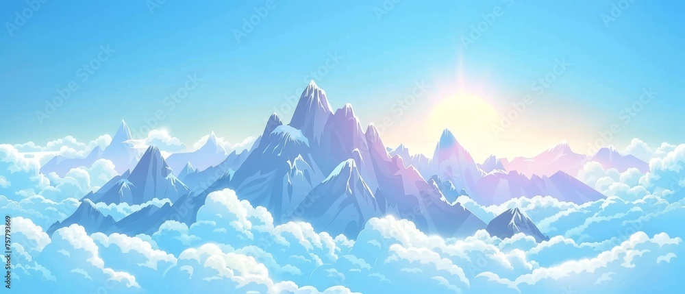 Wall mural Rock mounts on top of high rocky peaks. Snowy stone hilltop above haze against blue sky with bright sun. Cartoon modern illustration of panoramic aerial landscape.