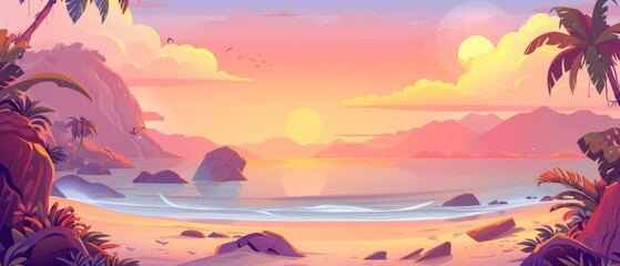 Coastal seascape with calm water, rocks and mountains, pink and yellow gradient sky, clouds, and sun. Cartoon modern summer evening landscape with calm water at sunset or sunrise.