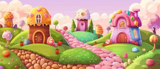 The landscape of a fantasy world with sweet dessert houses made of cake, cookies, chocolate, and caramel. Modern illustration of a landscape of a cute fantasy world with sweet dessert homes and