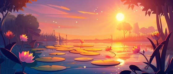 Lotus flowers blooming in the Rainforest swamp at sunset. Modern illustration of beautiful scene with water lilies adorning the lake surface in shadows of jungle trees and plants. - obrazy, fototapety, plakaty