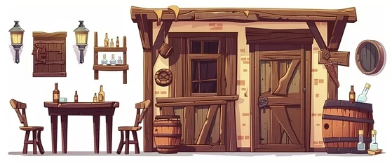 Fotobehang Various old western tavern and saloon interior elements. Cartoon set containing wooden entrance door and bar counter, chair and stool, glass bottles, and wooden barrels with beer. © Mark