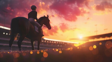 Sunset Silhouette of Jockey on Racehorse, warm glow of the sunset backlights a poised jockey atop a majestic racehorse at the racetrack, creating a stunning silhouette against the vibrant sky