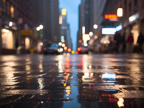 Blurry Photo of a City Street at Night. The street lights are reflected in the wet pavement