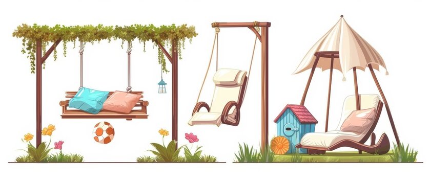 Home backyard garden furniture and elements. Cartoon modern illustration set of courtyard exterior stuff - swing with pillow and canopy, lounge chair, dog house and flowers at the bottom, child game