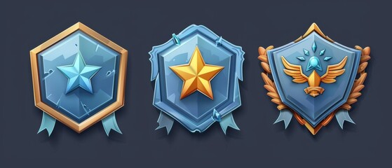 Illustration of hexagonal blue shield badges in iron frames decorated with gemstone stars and wings, winner award, success symbol in military game.