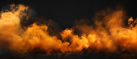 An outline of yellow and orange toxic smoke clouds on a dark transparent background. A real-life modern illustration of smoky mist by mystical atmospheric steam or condensation on the ground.