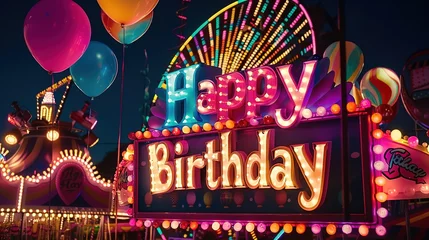 Gordijnen The phrase "Happy Birthday" displayed in playful, balloon-style lettering against a backdrop of a colorful amusement park, with rides and attractions lighting up the night sky. © AQ Arts