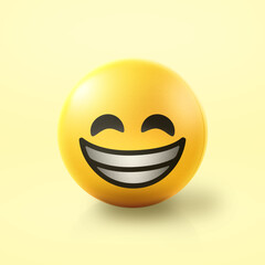 Grinning and laughing happy Emoji stress ball on shiny floor. 3D emoticon isolated.