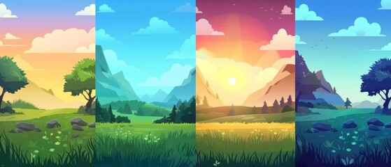 Meadow with green grass near mountain foot during four day times. Cartoon landscape of fields, trees, rocky hills and skies with clouds during the summer day - sunny afternoon, dawn, sunset, dark - obrazy, fototapety, plakaty