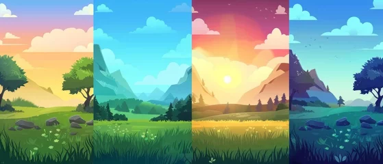 Foto op Canvas Meadow with green grass near mountain foot during four day times. Cartoon landscape of fields, trees, rocky hills and skies with clouds during the summer day - sunny afternoon, dawn, sunset, dark © Mark